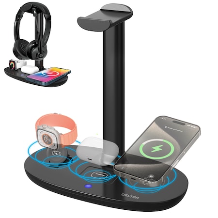 Delton Wireless Charger Headset Stand, 3 Wireless Charging Pads w/ Built-in Headphone Stand DHSWC1